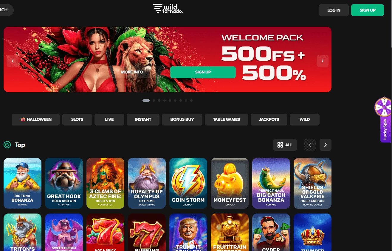 WildTornado Casino desktop home view with casino categories and promotional content