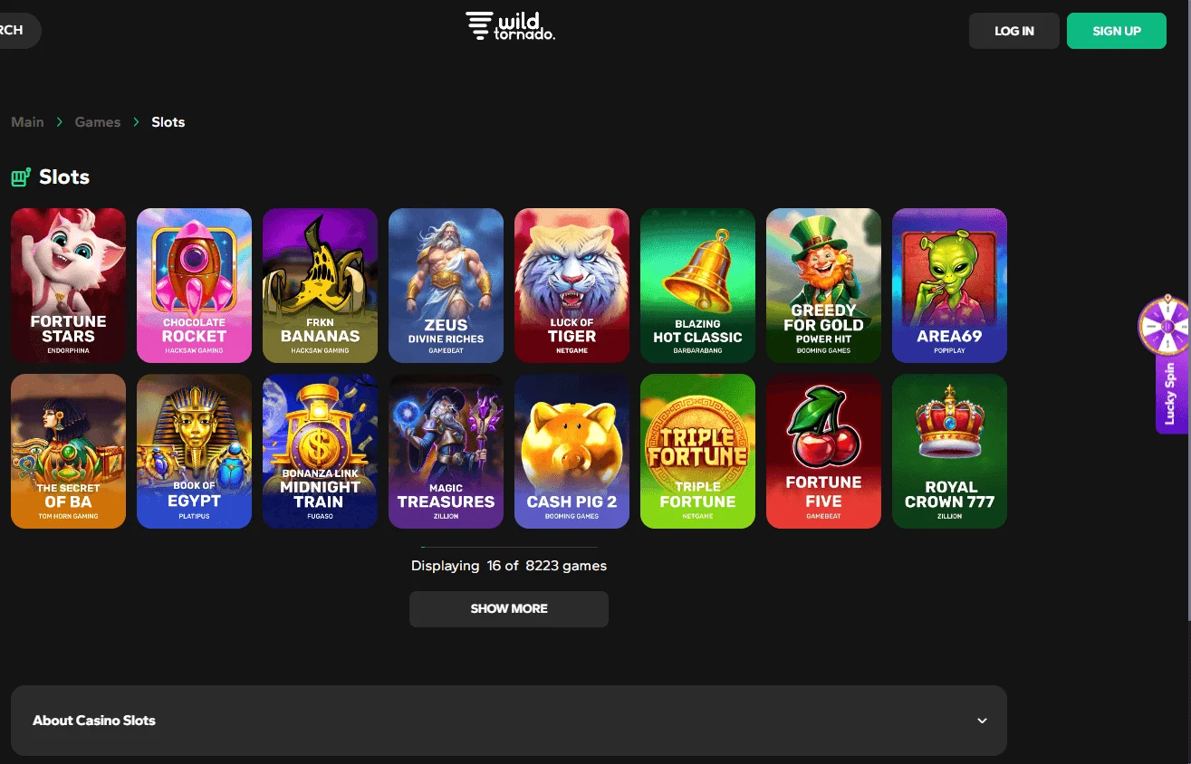 WildTornado Casino desktop games view with pokies, live casino and game categories