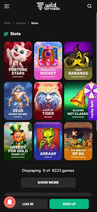 WildTornado Casino mobile browser games view with pokies and casino categories