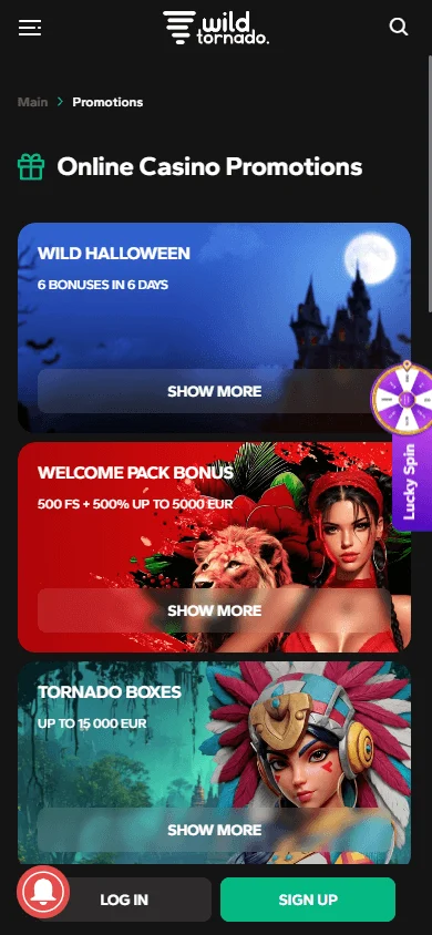WildTornado Casino mobile browser promotions view with bonus offers