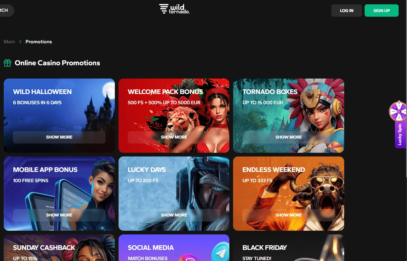 WildTornado Casino desktop promotions view with welcome and deposit offers