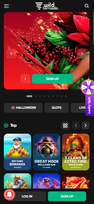 WildTornado Casino mobile browser home view with casino content